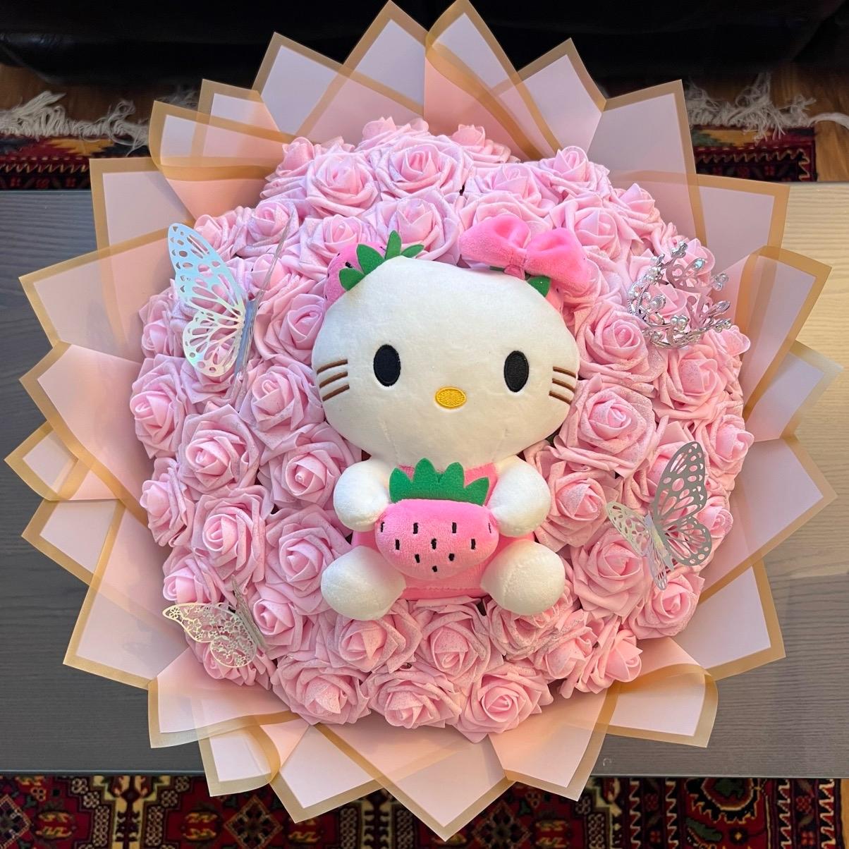 Hello Kitty Artificial Flower Bouquet – 50 Pink Roses – Customisable Gift for Birthdays & Anniversaries Decor Decorative Floral Ornaments