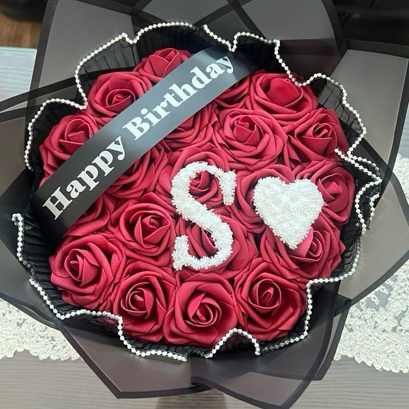 Initial Rose Bouquet with Baby’s Breath Letter & Heart – Custom A–Z (Happy Birthday Banner, Red or Burgundy, Pearl Trim Gift Includes 30 glittered roses.