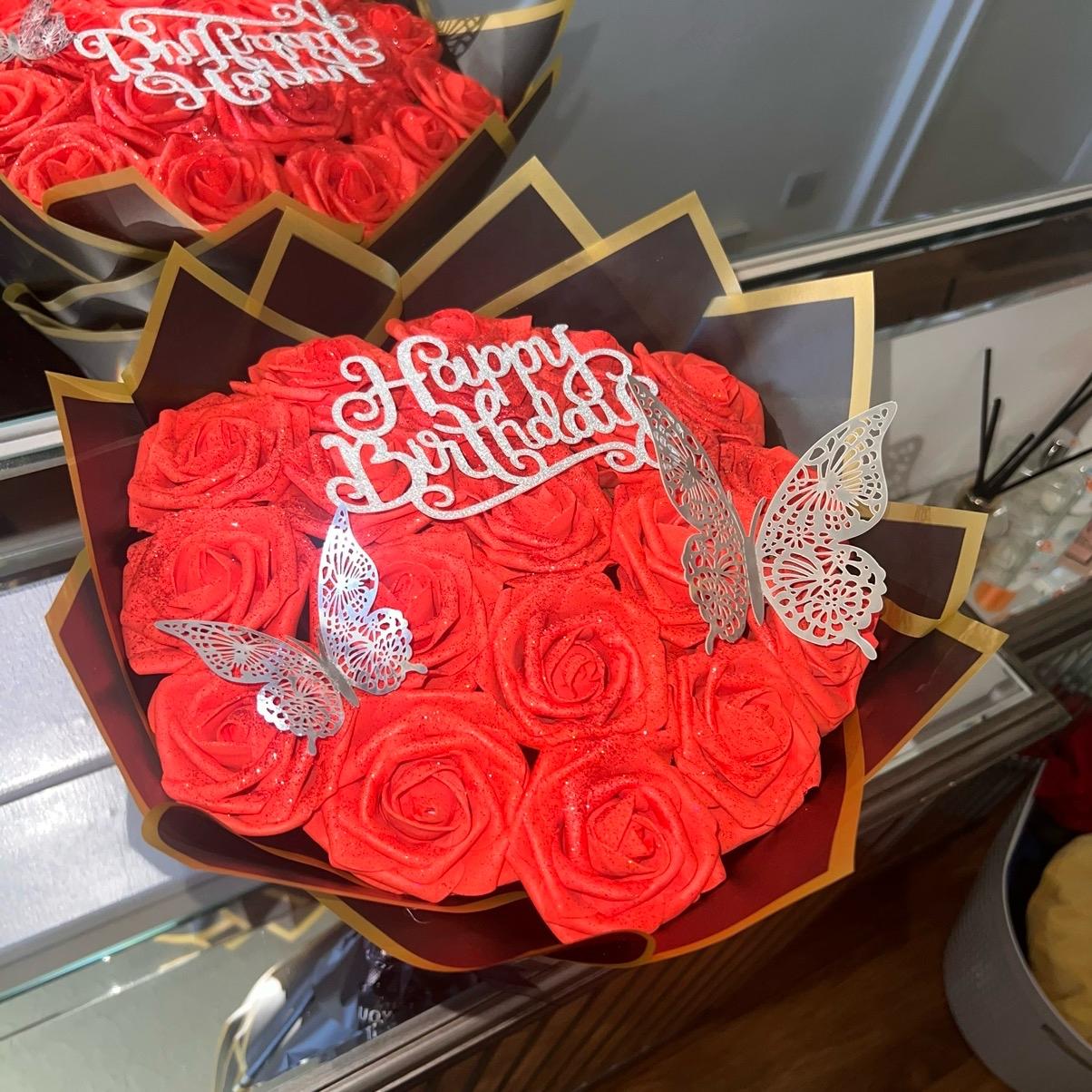 Birthday Rose Flower Bouquet with Customizable Topper, Glitter and Butterflies
