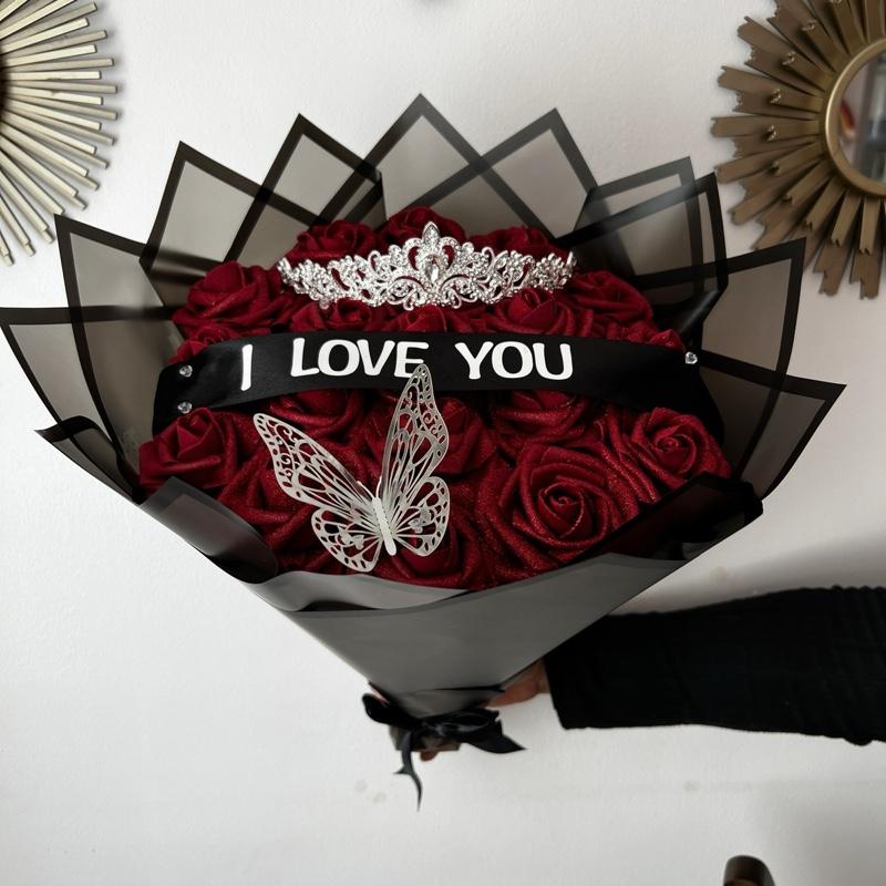 I Love You Eternal  Rose Bouquet with Tiara, Butterfly & Black Wrap