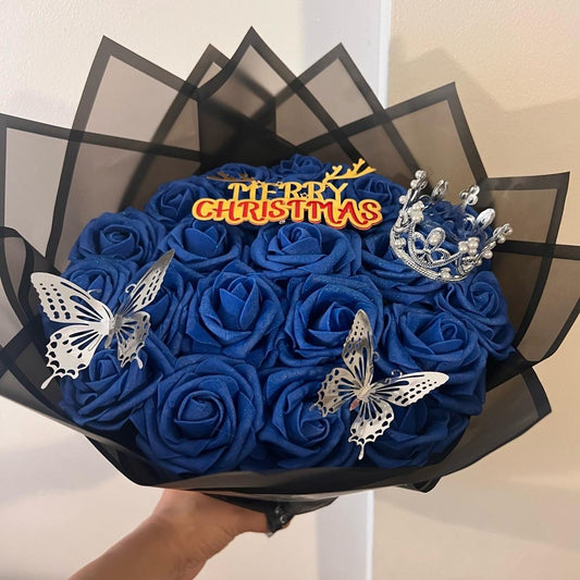 Elegant 20-Rose Royal Blue Merry Christmas Flower Bouquet with Crown & Butterflies Ornaments Gift