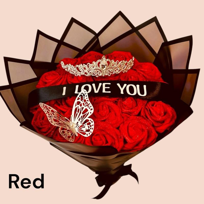 I Love You Eternal  Rose Bouquet with Tiara, Butterfly & Black Wrap