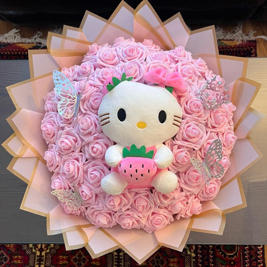 Hello Kitty Artificial Flower Bouquet – 50 Pink Roses – Customisable Gift for Birthdays & Anniversaries Decor Decorative Floral Ornaments