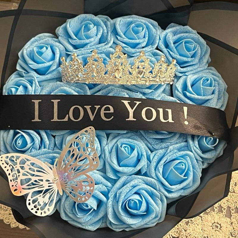 I Love You Eternal  Rose Bouquet with Tiara, Butterfly & Black Wrap