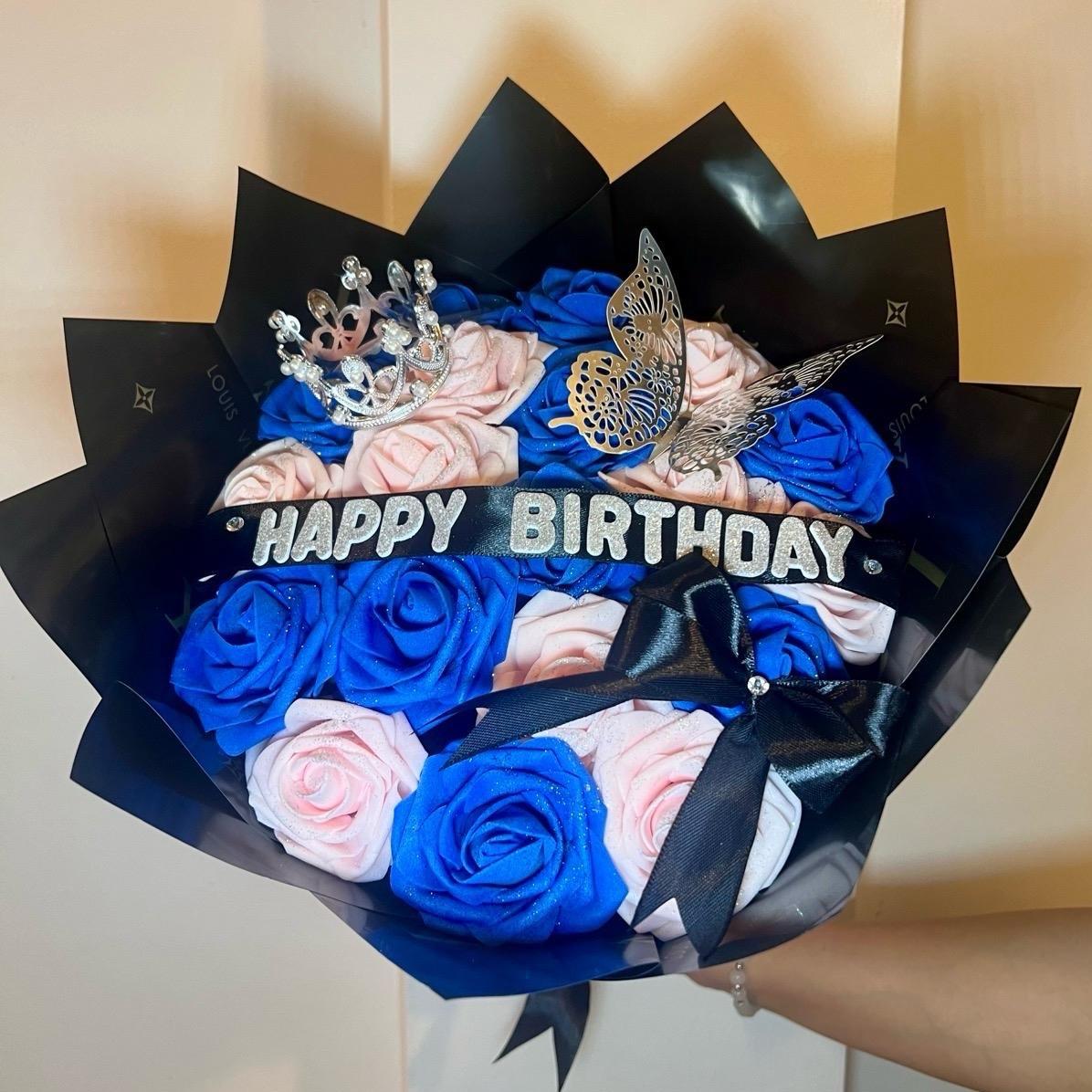 Luxurious Birthday Flower Bouquet with Royal Blue and Blush Pink Roses - Gift, Butterfly customisable to any occasion