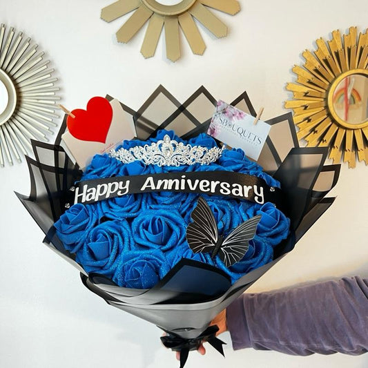 Happy Anniversary eternal Rose Bouquet with Tiara & Butterfly - Multiple Colours Available - Decorative, Decor