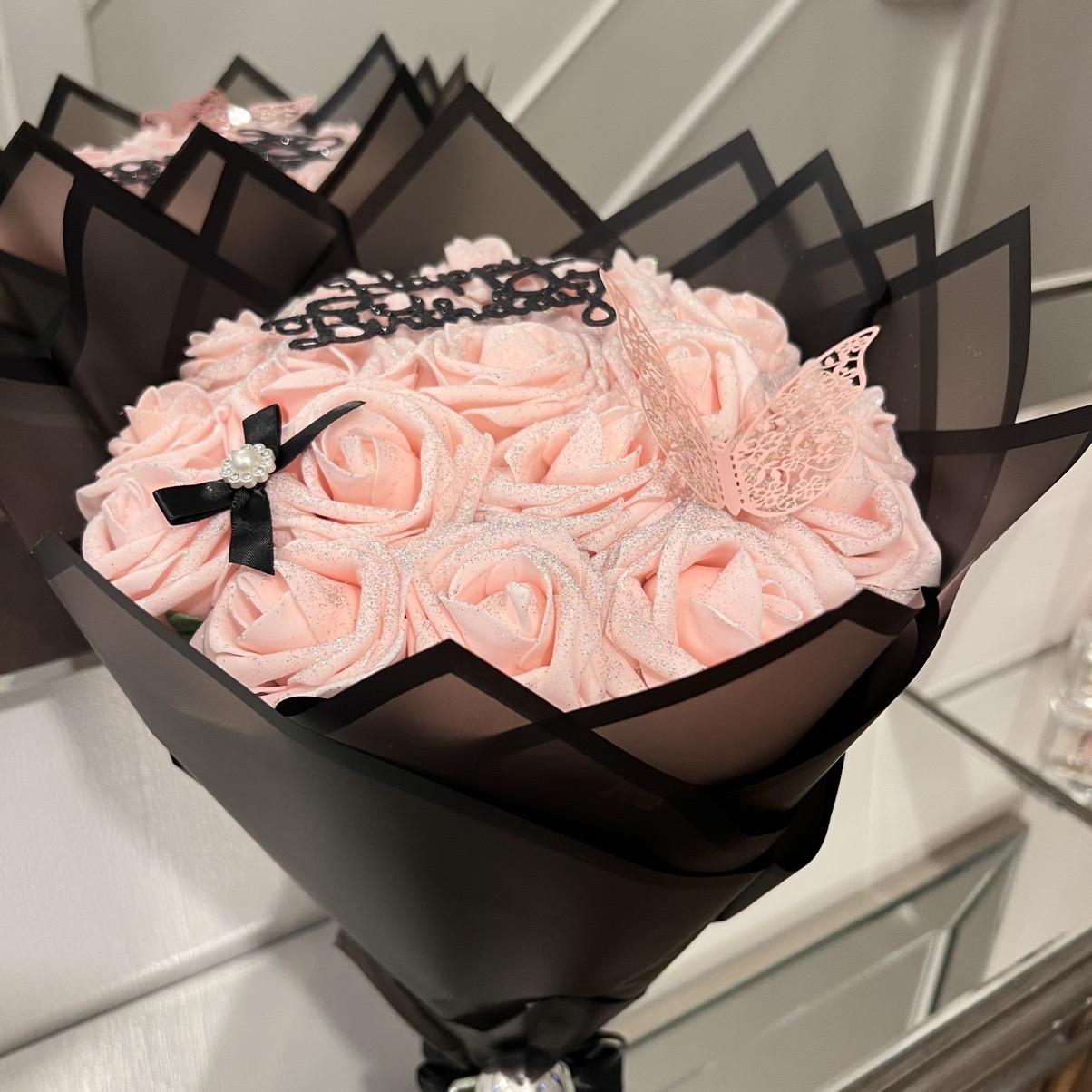 Blush Pink Glitter Roses Birthday Bouquet with Butterfly and Pearl-Accented Bow - Perfect Gift Idea - Flower Ornaments Decorative Decor
