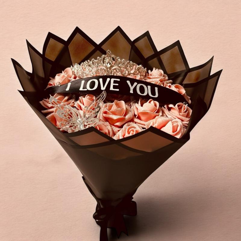 I Love You Eternal  Rose Bouquet with Tiara, Butterfly & Black Wrap