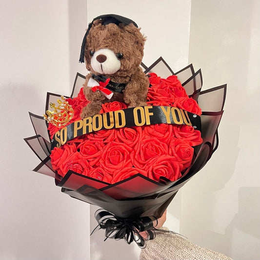 Teddy Bear with Graduation Flower Bouquet for Gift Giving 30 Roses