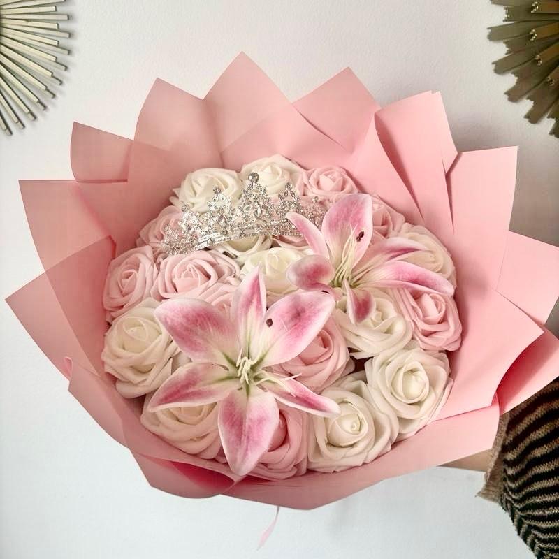 Princess Bloom Bouquet – Elegant Pink and White Roses with 4 Lilies in Soft Pink Wrapping  , gift, celebration , flower bouquets with or without I Love you Ribbon