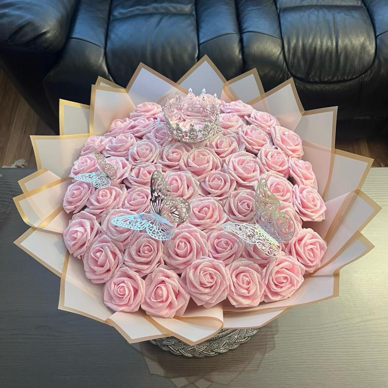 50 Roses Eternal Flower Bouquet - Crown of Elegance, Decorative Flowers