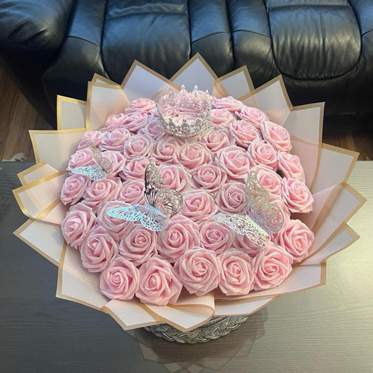 50 Roses Eternal Flower Bouquet - Crown of Elegance, Decorative Flowers