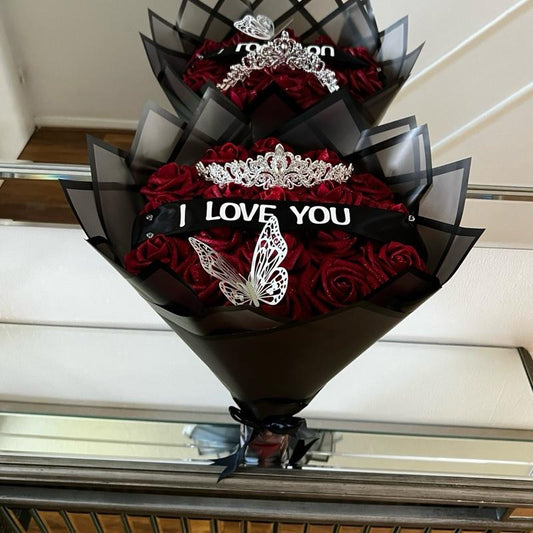I Love You Eternal  Rose Bouquet with Tiara, Butterfly & Black Wrap