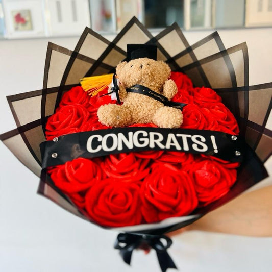 Graduation Rose Teddy Bouquet - Red Eternal Roses with Congrats Ribbon & Soft Plush Teddy in Graduation Cap Perfect for All Ages