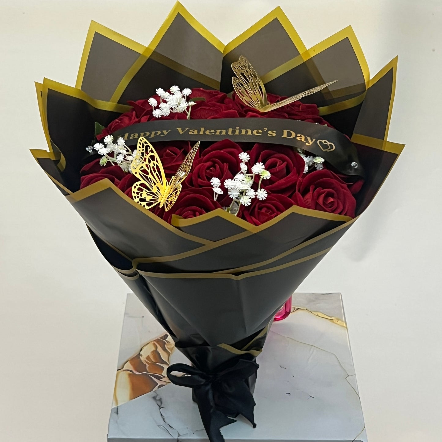 Valentine Luxury Velvet Silk Rose Bouquet – Red, Pink & Burgundy with Butterfly Decor | Be My Valentine, Valentine’s Day Gift Ornaments Decorative,