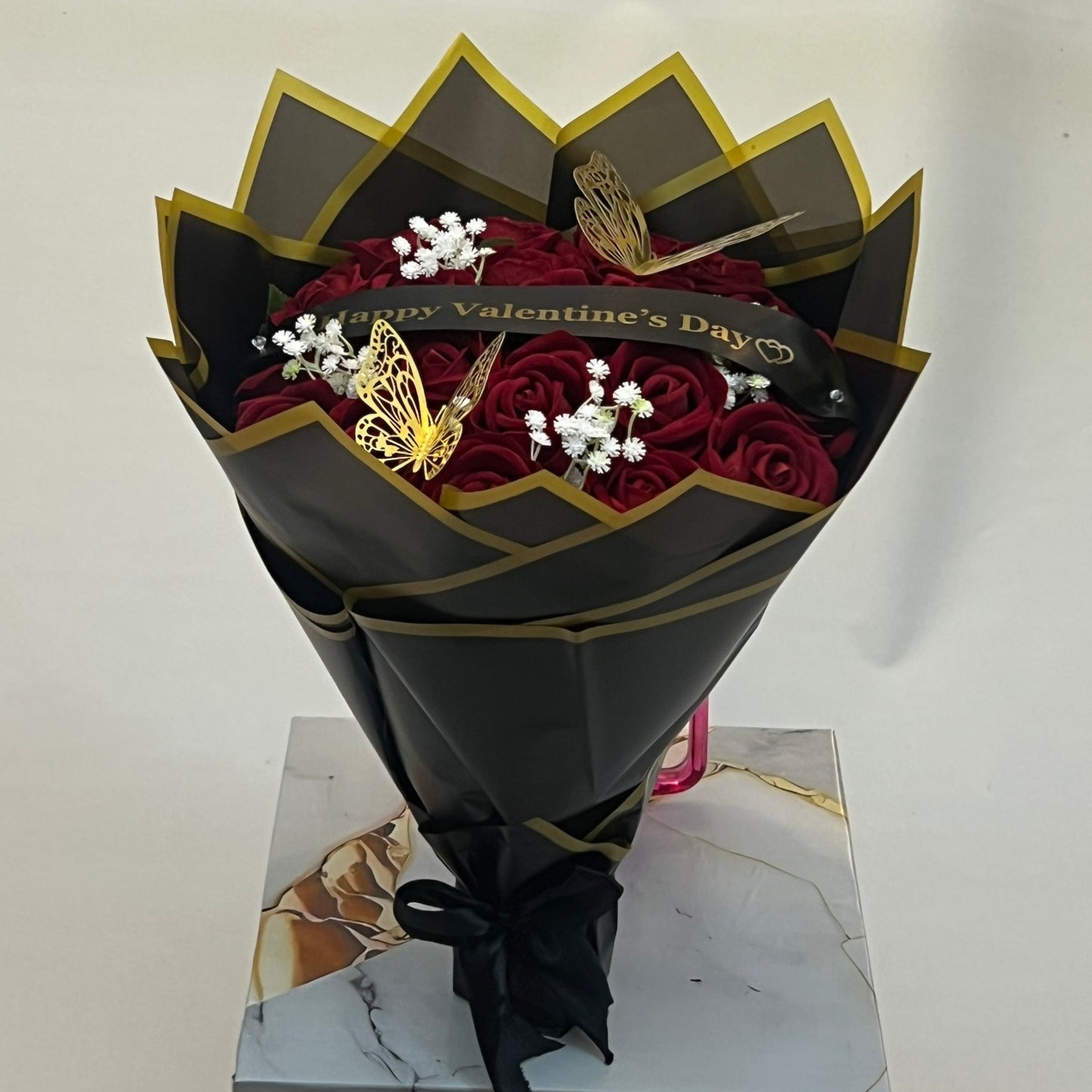 Valentine Luxury Velvet Silk Rose Bouquet – Red, Pink & Burgundy with Butterfly Decor | Be My Valentine, Valentine’s Day Gift Ornaments Decorative,