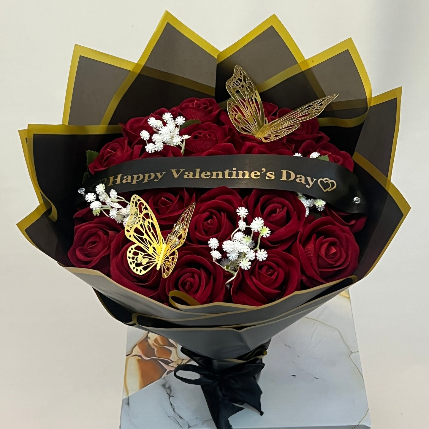 Valentine Luxury Velvet Silk Rose Bouquet – Red, Pink & Burgundy with Butterfly Decor | Be My Valentine, Valentine’s Day Gift Ornaments Decorative,