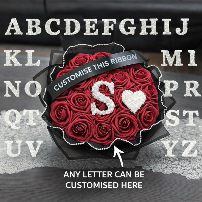 Initial Rose Bouquet with Baby’s Breath Letter & Heart – Custom A–Z (Happy Birthday Banner, Red or Burgundy, Pearl Trim Gift Includes 30 glittered roses.