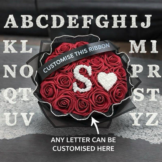 Initial Rose Bouquet with Baby’s Breath Letter & Heart – Custom A–Z (Happy Birthday Banner, Red or Burgundy, Pearl Trim Gift Includes 30 glittered roses.
