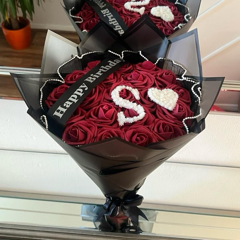 Initial Rose Bouquet with Baby’s Breath Letter & Heart – Custom A–Z (Happy Birthday Banner, Red or Burgundy, Pearl Trim Gift Includes 30 glittered roses.