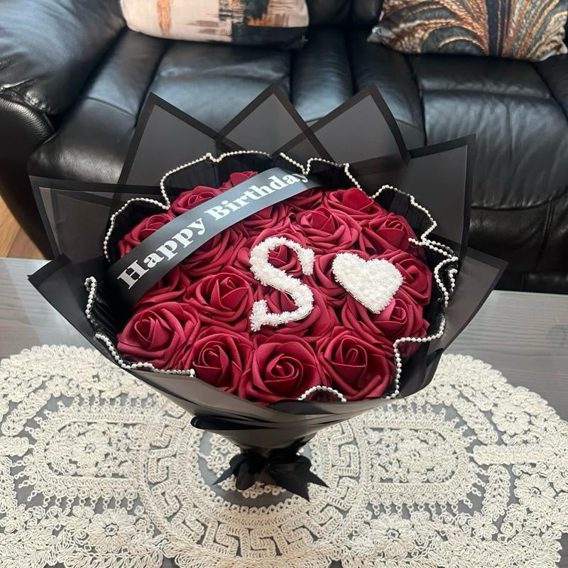 Initial Rose Bouquet with Baby’s Breath Letter & Heart – Custom A–Z (Happy Birthday Banner, Red or Burgundy, Pearl Trim Gift Includes 30 glittered roses.
