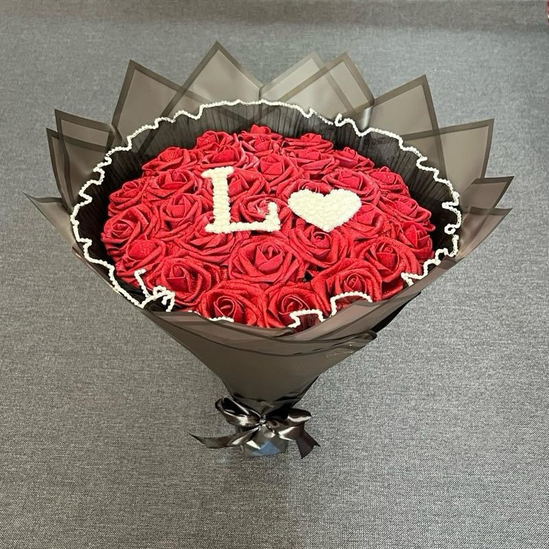 Initial Rose Bouquet with Baby’s Breath Letter & Heart – Custom A–Z (Happy Birthday Banner, Red or Burgundy, Pearl Trim Gift Includes 30 glittered roses.