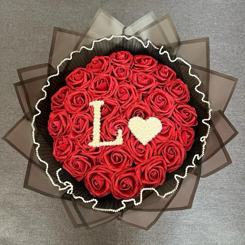 Initial Rose Bouquet with Baby’s Breath Letter & Heart – Custom A–Z (Happy Birthday Banner, Red or Burgundy, Pearl Trim Gift Includes 30 glittered roses.