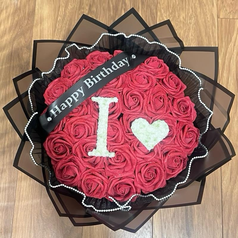 Initial Rose Bouquet with Baby’s Breath Letter & Heart – Custom A–Z (Happy Birthday Banner, Red or Burgundy, Pearl Trim Gift Includes 30 glittered roses.
