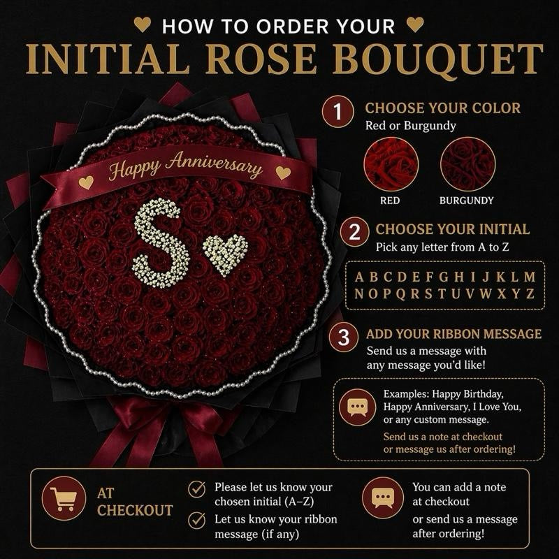 Initial Rose Bouquet with Baby’s Breath Letter & Heart – Custom A–Z (Happy Birthday Banner, Red or Burgundy, Pearl Trim Gift Includes 30 glittered roses.