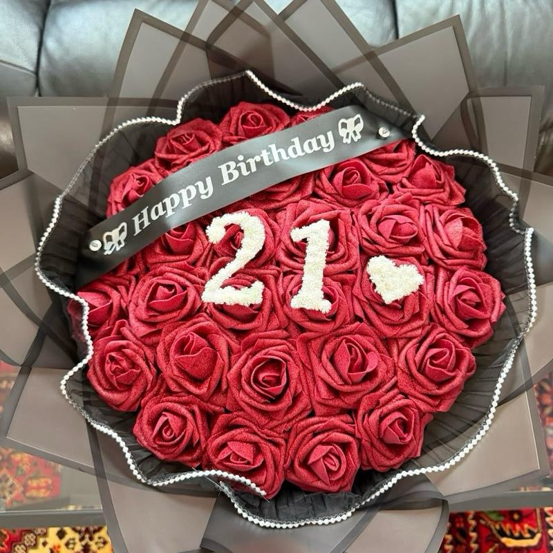 Initial Rose Bouquet with Baby’s Breath Letter & Heart – Custom A–Z (Happy Birthday Banner, Red or Burgundy, Pearl Trim Gift Includes 30 glittered roses.