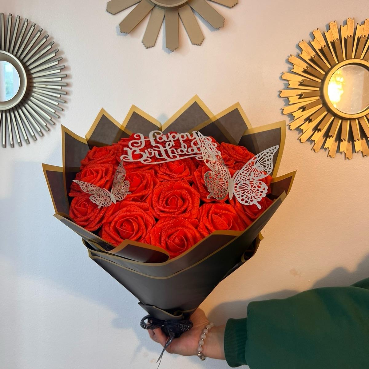 Birthday Rose Flower Bouquet with Customizable Topper, Glitter and Butterflies