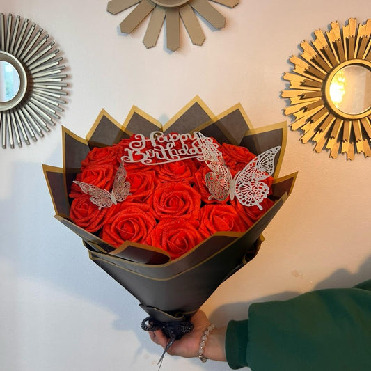 Birthday Rose Flower Bouquet with Customizable Topper, Glitter and Butterflies