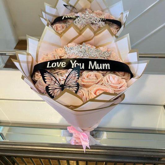 Love You Mum Blush Eternal Rose Bouquet with Crown & Butterfly for Home Decor - Decorative Ornaments artificial roses