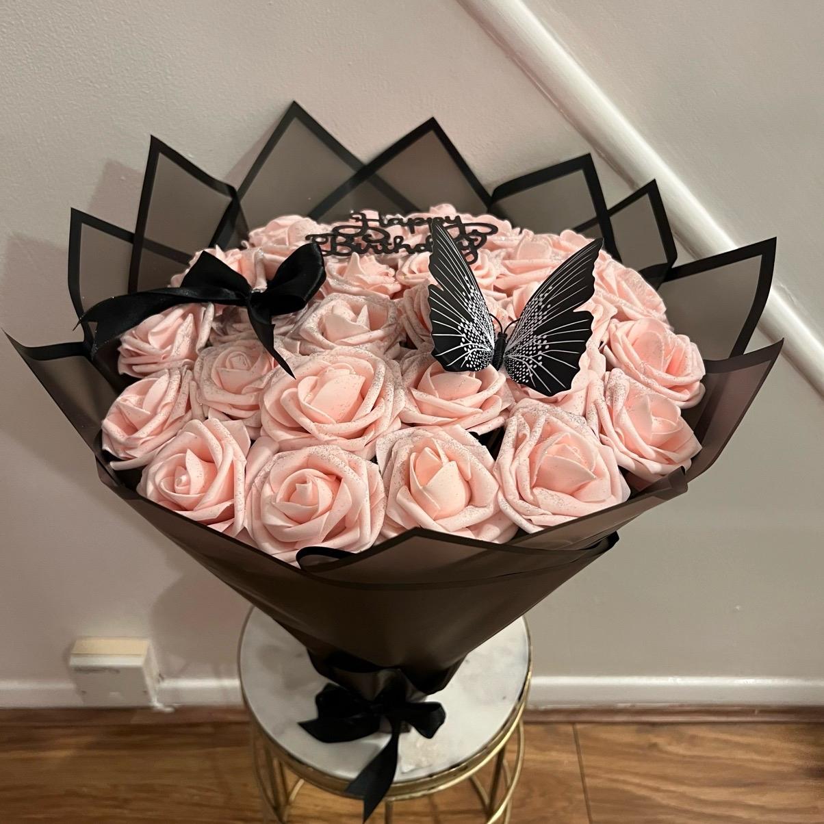 Blush Pink Glitter Roses Birthday Bouquet with Butterfly and Pearl-Accented Bow - Perfect Gift Idea - Flower Ornaments Decorative Decor