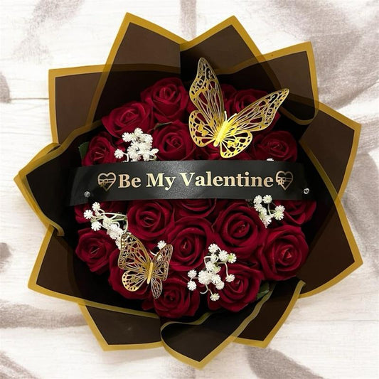Valentine Luxury Velvet Silk Rose Bouquet – Red, Pink & Burgundy with Butterfly Decor | Be My Valentine, Valentine’s Day Gift Ornaments Decorative,