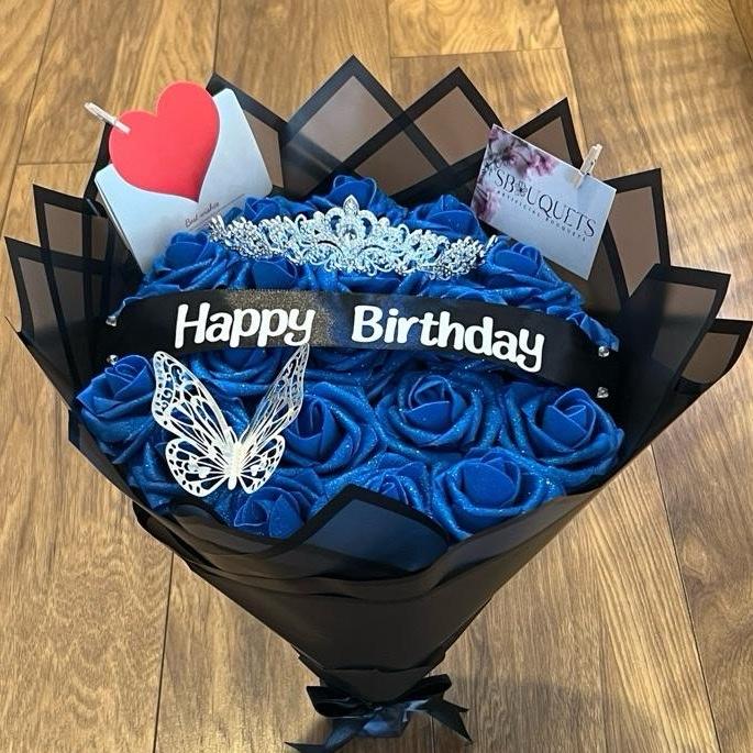 Happy Birthday  Royal Blue Rose Bouquet with Tiara and Butterfly for- Decorative, Decor