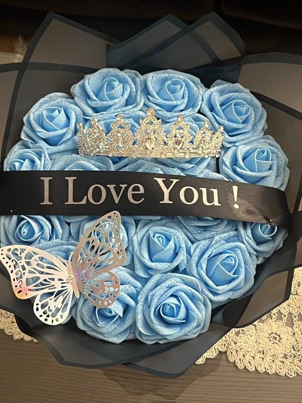 I Love You Eternal  Rose Bouquet with Tiara, Butterfly & Black Wrap
