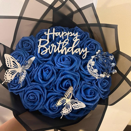 Blue Foam Rose Birthday Bouquet with Butterfly Accents - crown and shining glitter Elegant and Customizable Gift Flowers