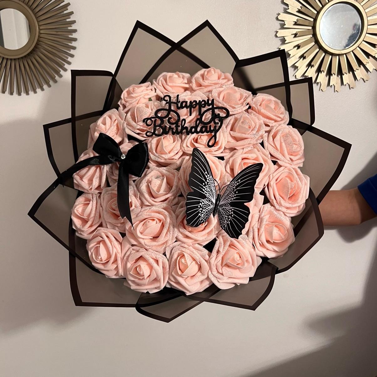 Blush Pink Glitter Roses Birthday Bouquet with Butterfly and Pearl-Accented Bow - Perfect Gift Idea - Flower Ornaments Decorative Decor