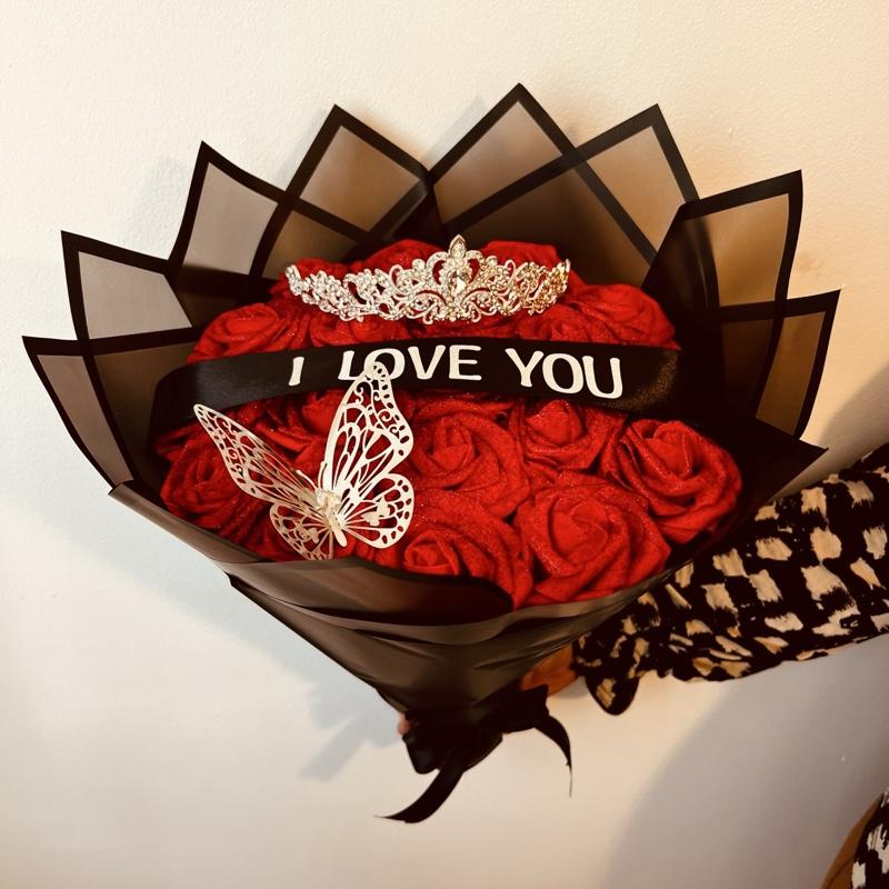 I Love You Eternal  Rose Bouquet with Tiara, Butterfly & Black Wrap