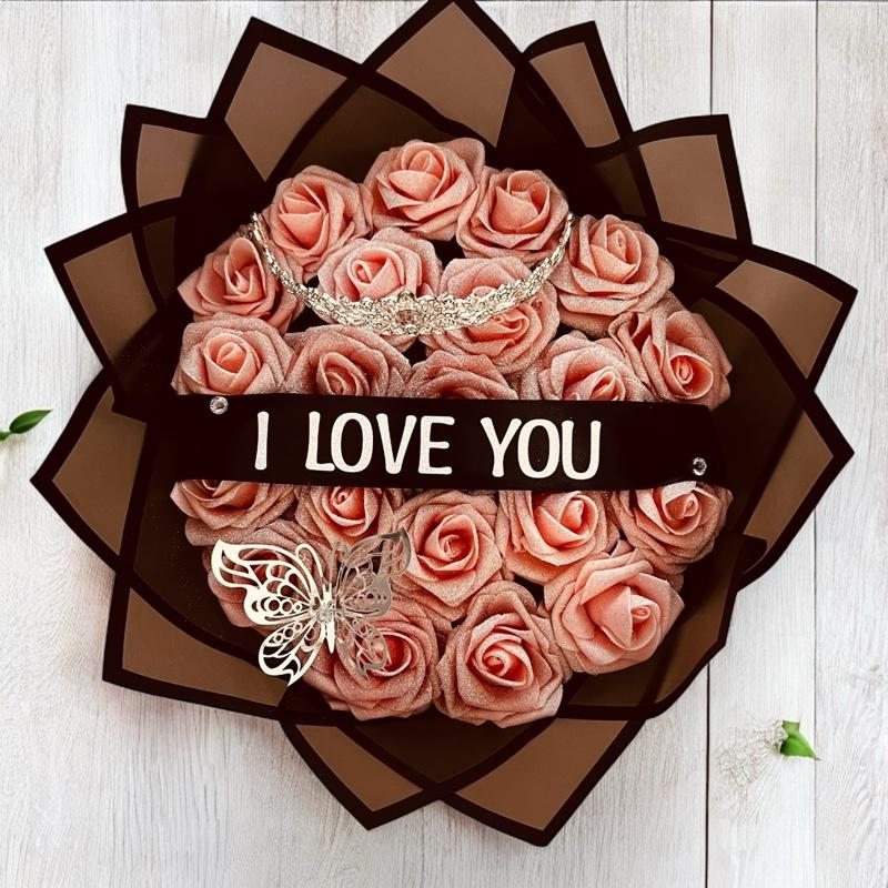I Love You Eternal  Rose Bouquet with Tiara, Butterfly & Black Wrap