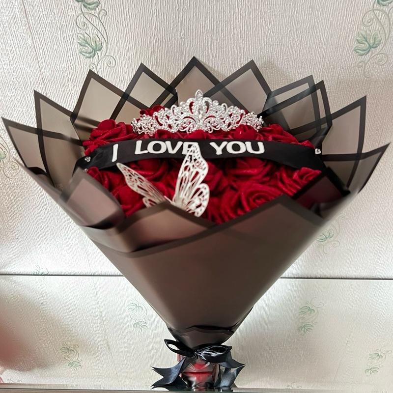 I Love You Eternal  Rose Bouquet with Tiara, Butterfly & Black Wrap